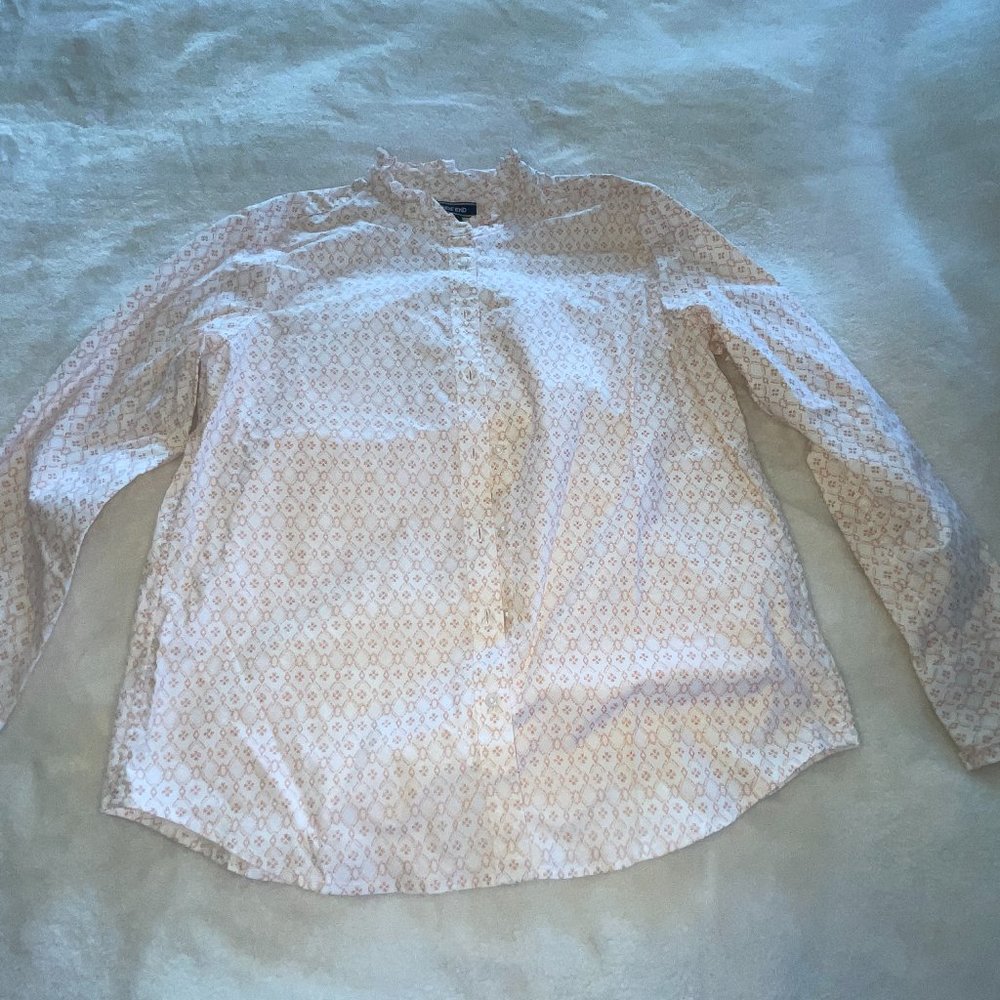 2 Lands End Button Up womens long sleeve top Frilly collar - Y1020